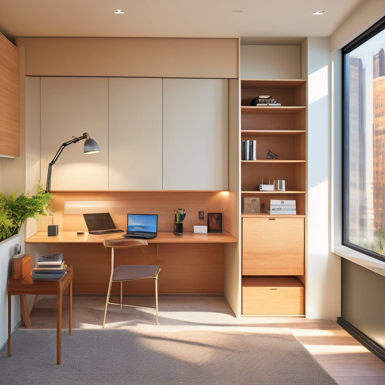 A tidy, modern room with a Murphy bed, wall-mounted shelves, and a compact desk with built-in storage, surrounded by minimalist decor and soft, natural light filtering through a large window.