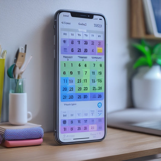 A minimalist iPhone screen displaying a tidy digital calendar, with colorful icons of various home organization apps, surrounded by subtly blurred background images of organized closets, shelves, and desks.