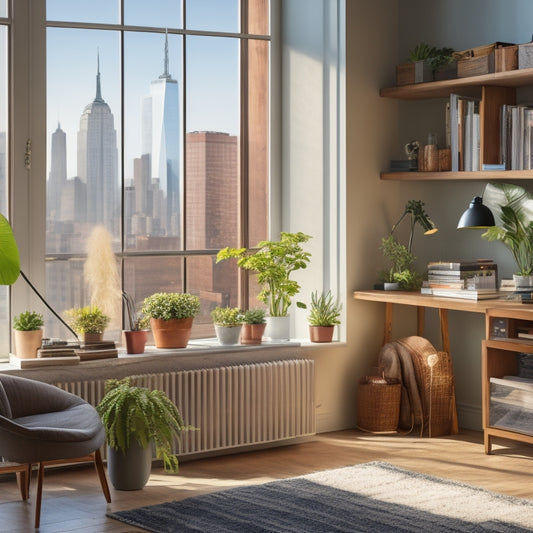 A clutter-free living room with a NYC cityscape outside the window, featuring a neatly organized bookshelf, a minimalist desk, and a few carefully placed plants, with a hint of natural light.