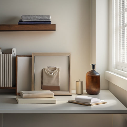 A serene, minimalist room with a few, carefully selected items on a shelf, including a folded white shirt, a small vase with a single stem, and a leather-bound book, all bathed in soft, warm light.