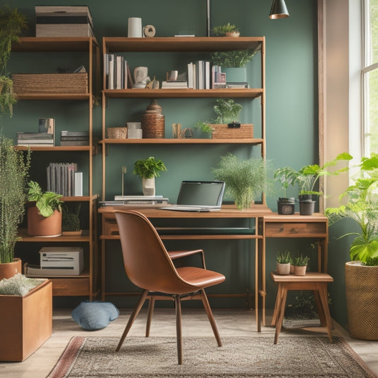 A serene, clutter-free workspace with a desk, chair, and shelving unit, featuring a few, carefully-placed, colorful file folders, a single, leather-bound planner, and a small, potted plant.