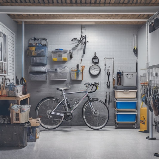 A well-organized garage with a sleek, silver bicycle suspended from the ceiling, surrounded by tidy toolboxes, baskets, and bins, with a pegboard displaying various tools and accessories.