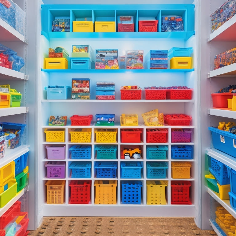 A colorful, well-lit, and tidy LEGO storage area with custom labels on drawers, shelves, and bins, showcasing a variety of LEGO pieces, minifigures, and accessories, with a subtle LEGO-themed background.