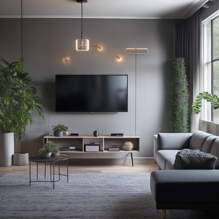A modern living room with a sleek, minimalist chandelier, smart thermostat, and a wall-mounted TV, surrounded by affordable, eco-friendly furniture and decorative plants, with a subtle LED lighting strip under the couch.