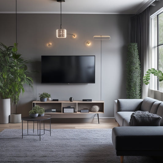 A modern living room with a sleek, minimalist chandelier, smart thermostat, and a wall-mounted TV, surrounded by affordable, eco-friendly furniture and decorative plants, with a subtle LED lighting strip under the couch.