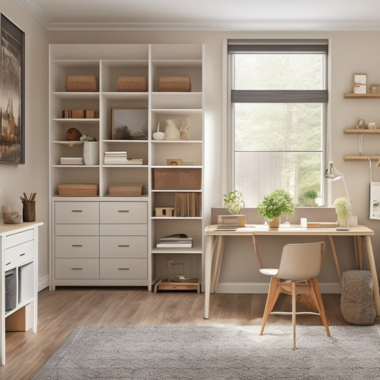 A tidy, modern room with a Murphy desk, built-in shelving, and a sliding ladder, surrounded by cleverly concealed storage compartments, baskets, and bins in a calming, neutral color palette.