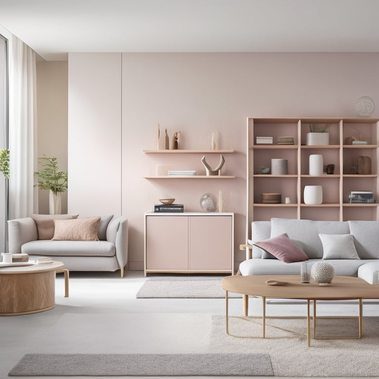 A serene, minimalist living room with a wall of floor-to-ceiling, slide-out cabinets in a light wood tone, revealing neatly organized shelves and bins in pastel hues, amidst a few stylish, modern furniture pieces.