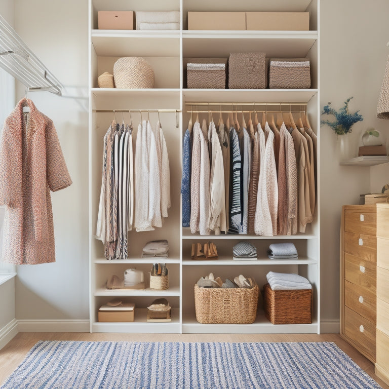 A bright, airy closet with beige walls and a light wood floor, featuring a striped rug, organized shelves, and a mix of wooden and velvet hangers holding stylish outfits with striped patterns.