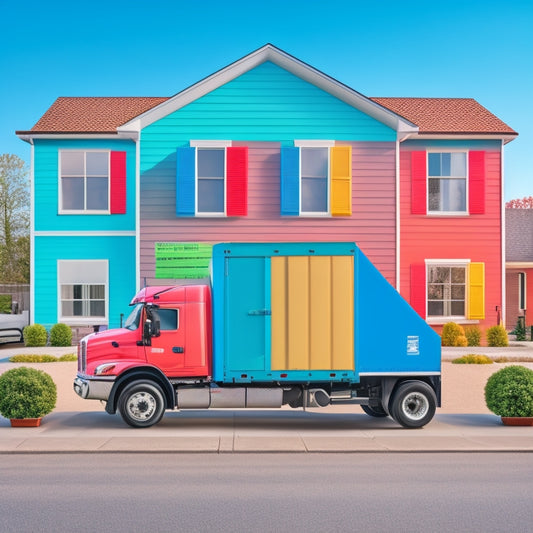 A colorful, organized illustration of a moving truck parked in front of a tidy home, with checkmarks and boxes surrounding it, conveying a sense of preparedness and efficiency.