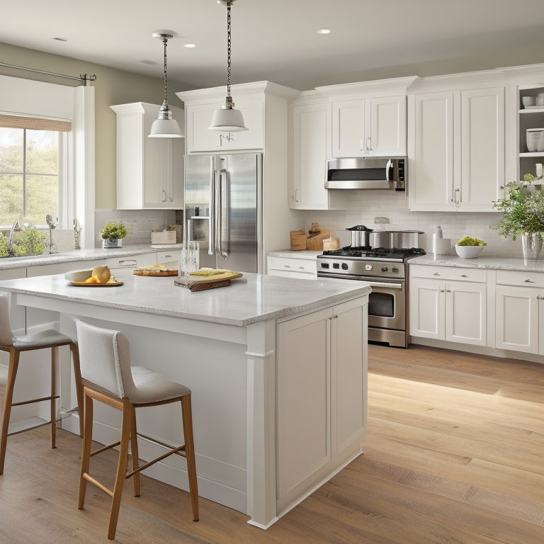 A clutter-free, L-shaped kitchen with white cabinets, light-wood countertops, and stainless steel appliances, featuring a compact island with a built-in sink and a few strategically placed utensils.