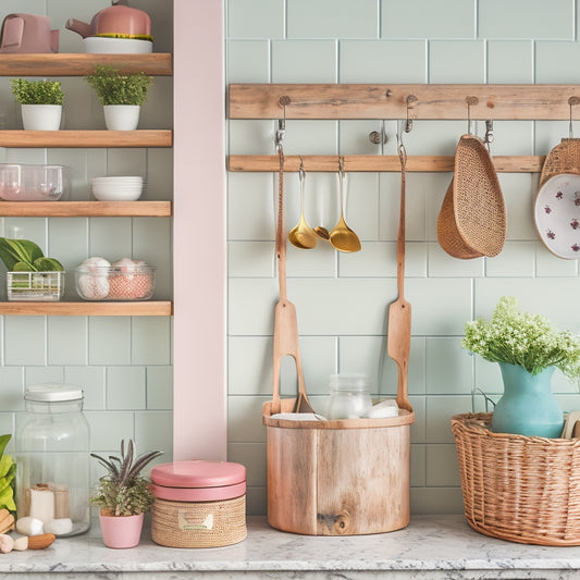 A tidy kitchen counter with a repurposed wooden crate turned utensil holder, a retrofitted mason jar spice rack, and a DIY pegboard with hanging baskets and jars in a soothing pastel color scheme.