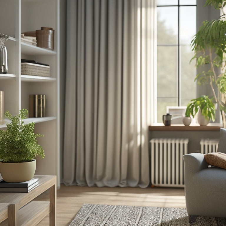 A tidy living room with a minimalist aesthetic, featuring a labeled storage bin, a neatly organized bookshelf, and a subtle hint of natural light peeking through a partially open curtain.