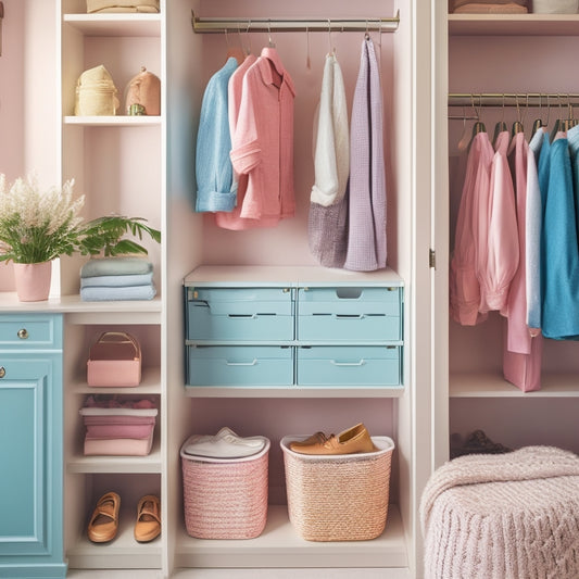 A cluttered closet transforming into a tidy space with pastel-hued storage bins, a repurposed ladder shelf, and a clothes rack with a few stylish outfits, amidst a warm, soft lighting.