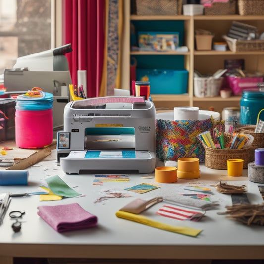 A messy, vibrant craft table with a printer in the center, surrounded by colorful papers, scissors, glue, and DIY projects in various stages of completion, with a few finished crafts displayed proudly.