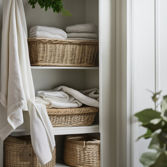 A serene, light-filled linen closet with neatly folded, crisp white sheets and plush towels stacked in woven baskets, surrounded by calming greenery and a few decorative vases.