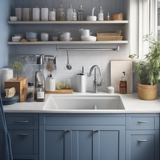 A tidy, modern kitchen sink area with a slide-out drawer, a pedestal sink organizer, and a wall-mounted shelf, all filled with neatly arranged cleaning supplies and accessories.