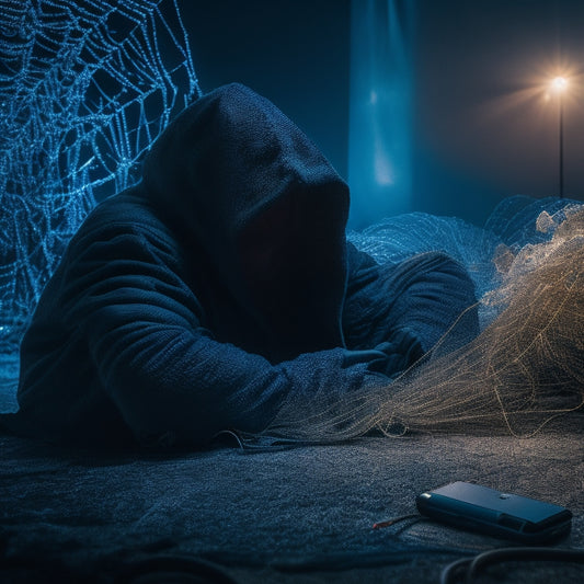A person trapped in a spider's web made of wires and cords, surrounded by broken laptops and shattered smartphones, with a faint glow of a distant sunrise in the background.