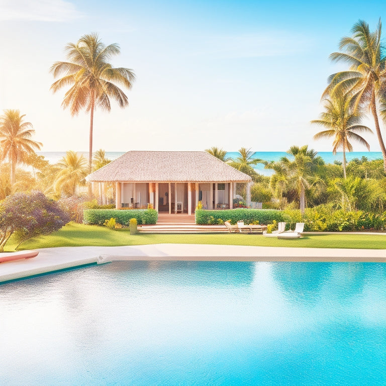 Illustrate a serene, sun-kissed island with multiple villas, a large pool, and a private beach, surrounded by lush greenery and swaying palm trees, conveying ample space for a large family.