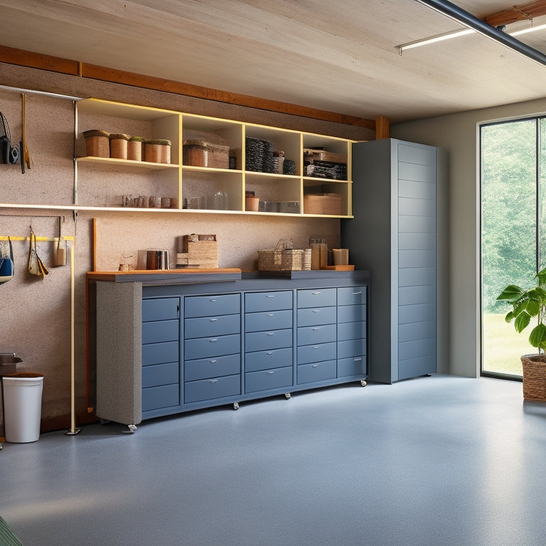 A serene, well-organized garage interior with sleek, wall-mounted shelves and cabinets in a light wood tone, accompanied by a few strategically placed storage bins and a polished concrete floor.