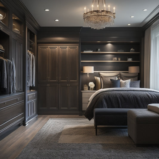 A serene, luxurious bedroom with a floor-to-ceiling, dark-wood closet system featuring ornate hardware, surrounded by plush carpet, and illuminated by soft, warm lighting, with a minimalist, modern aesthetic.