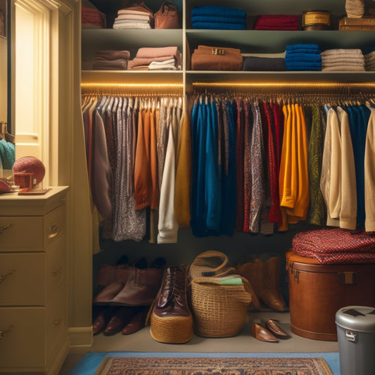 A serene, well-lit closet interior with a mix of modern and vintage clothing items, shoes, and accessories, organized by type and color, with a few stylishly folded sweaters on shelves.