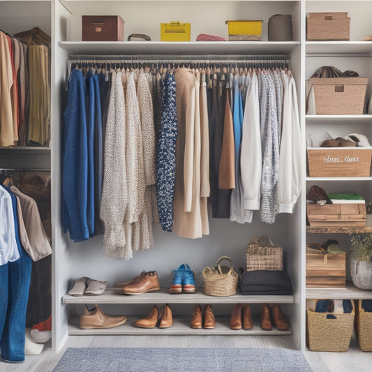 A cluttered closet with clothes scattered on the floor, transformed into a tidy space with DIY shelves, repurposed crates, and a hanging organizer system, with a few stylish outfits on display.