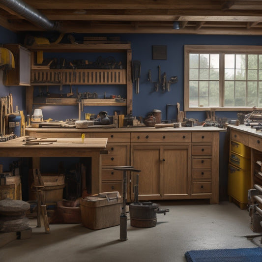 A tidy, well-lit workshop with a wooden workbench, scattered power tools, and a partially built shelving unit with exposed screws and drill bits, surrounded by storage bins and scattered lumber.