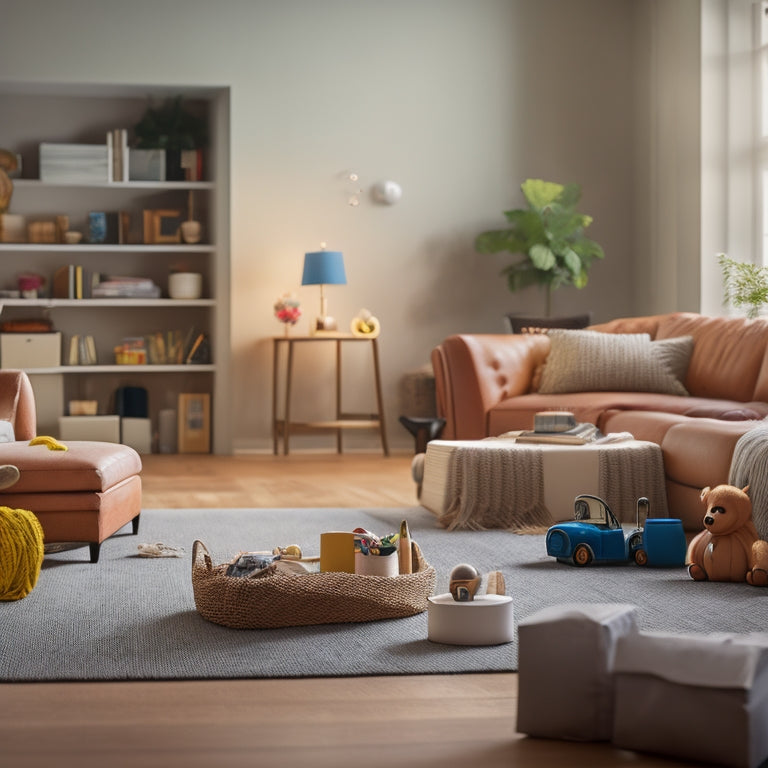 A serene, minimalist living room with a few, carefully placed items, surrounded by empty space, contrasted with a cluttered, chaotic corner, overflowing with boxes, toys, and tangled cords.