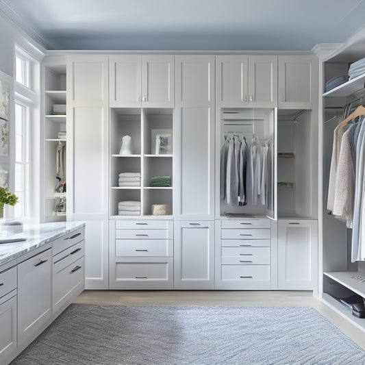 A serene, modern walk-in closet with sleek, white cabinets, soft-close drawers, and a built-in island with a glass-top countertop, set against a calming, light-gray backdrop.