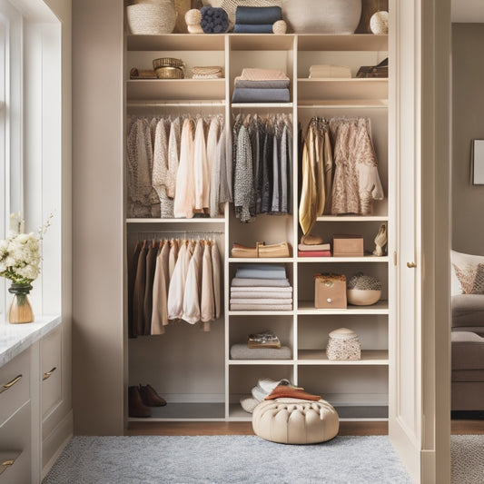 A tidy, modern closet with floor-to-ceiling shelves, a velvet ottoman, and a mix of hanging garments in neutral tones, with a few statement pieces in bold colors and patterns.