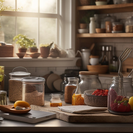 A cluttered kitchen counter with scattered cookbooks, utensils, and ingredients transforms into a organized space with labeled jars, a utensil organizer, and a tidy cookbook stand, amidst a warm, golden light.