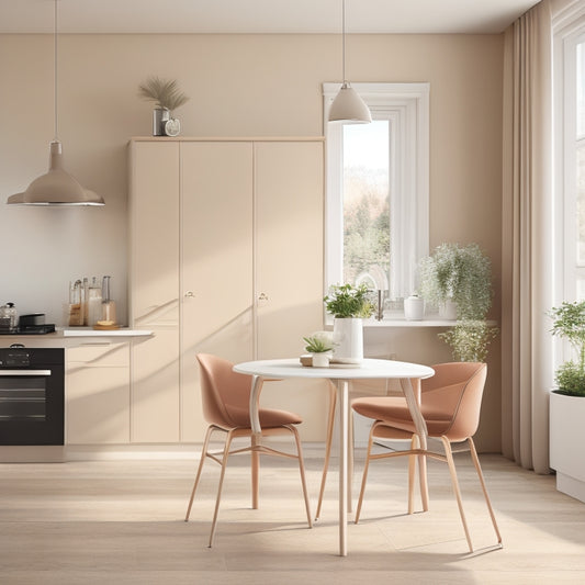 A cozy, minimalist kitchen with a compact table and two chairs, surrounded by soft natural light, warm beige walls, and sleek modern appliances, evoking a sense of efficiency and comfort.