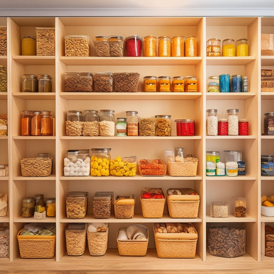 A brightly lit, organized pantry with 5-7 stackable containers of varying sizes, filled with dry goods, spices, and snacks, arranged artfully on wooden shelves, with a subtle background of white walls and warm wood tones.