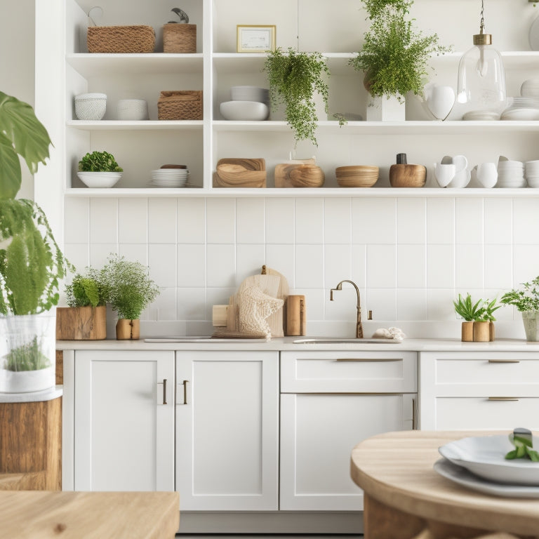 A bright, airy kitchen with white cabinets, warm wood accents, and a minimalist aesthetic, featuring a few carefully placed decorative items, such as a small vase with fresh greenery and a few cookbooks on a wooden shelf.