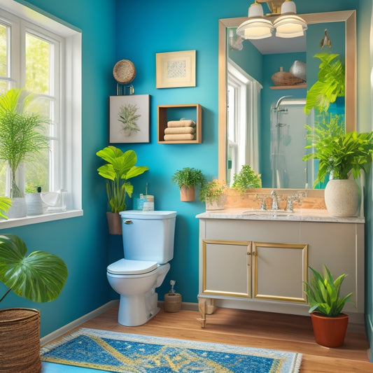 A stylized illustration of a small, cluttered bathroom transformed into a modern oasis with a pedestal sink, glass shower door, and new fixtures, surrounded by renovation tools and budget-friendly materials.