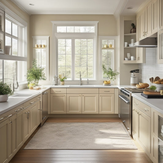 A modern kitchen with cream-colored cabinets, dark hardwood floors, and a large window with natural light pouring in, featuring a sleek, stainless steel kitchen cart with three built-in shelves.