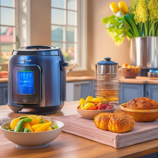 A sleek, stainless steel Instant Pot Air Fryer sits on a modern kitchen countertop, surrounded by vibrant, golden-brown fried foods and crisp, fresh vegetables, amidst a subtle, warm kitchen glow.