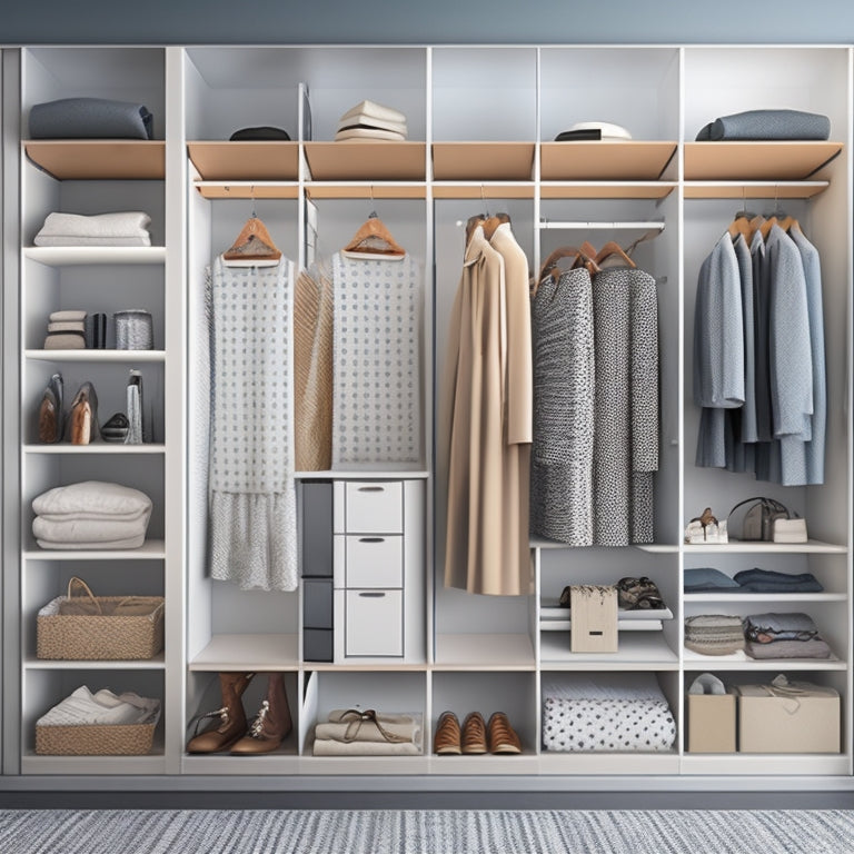 A minimalist illustration of a modern closet with sliding doors, shelves, and a clothes rack, surrounded by various digital devices and design elements, with a subtle grid pattern in the background.