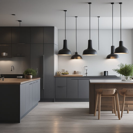 A serene, empty kitchen with pale wood cabinets, matte black countertops, and a single, sleek pendant light above a minimalist island, surrounded by plenty of negative space.