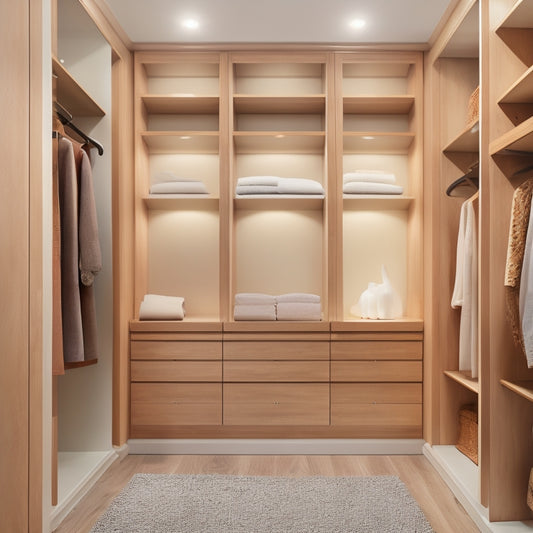 A serene, well-lit walk-in closet with creamy white walls, polished hardwood floors, and a combination of sleek, minimalist shelving units and drawers in a warm, honey-brown wood tone.