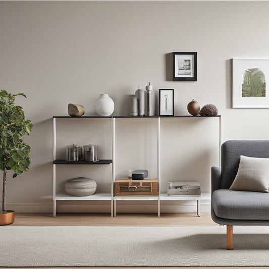 A minimalist living room with a sleek, wall-mounted shelf system, a storage ottoman, and a few, carefully-placed, decorative items, conveying a sense of calm, organized simplicity.