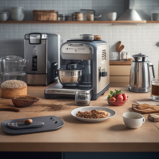 A cluttered kitchen counter with a toaster, blender, and coffee maker pushed to the edges, surrounded by scattered utensils, crumbs, and spills, with a faint outline of a clean, organized counter in the background.