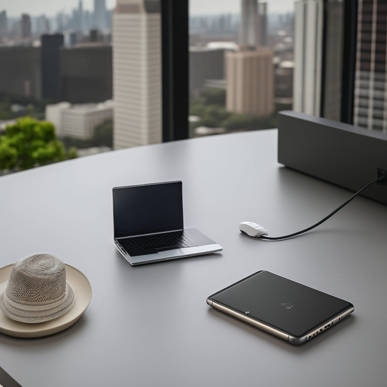 A minimalist desk with a small, sleek laptop, a compact wireless charging pad, and a tiny portable power bank, surrounded by ample negative space, with a blurred cityscape in the background.