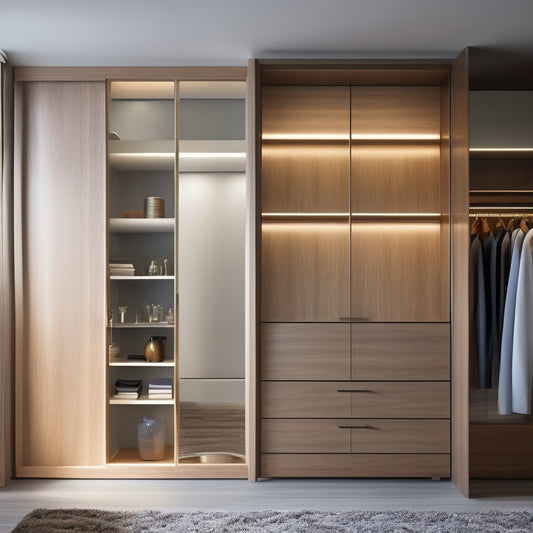 A modern, sleek closet interior with sliding glass doors, illuminated shelves, and a built-in vanity, surrounded by soft, warm lighting and a subtle wood grain background.