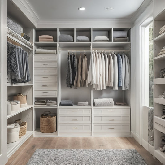 A serene, well-lit walk-in closet with sleek, floor-to-ceiling shelves, drawers, and rods in a calming gray and white color scheme, surrounded by neatly arranged clothing and accessories.