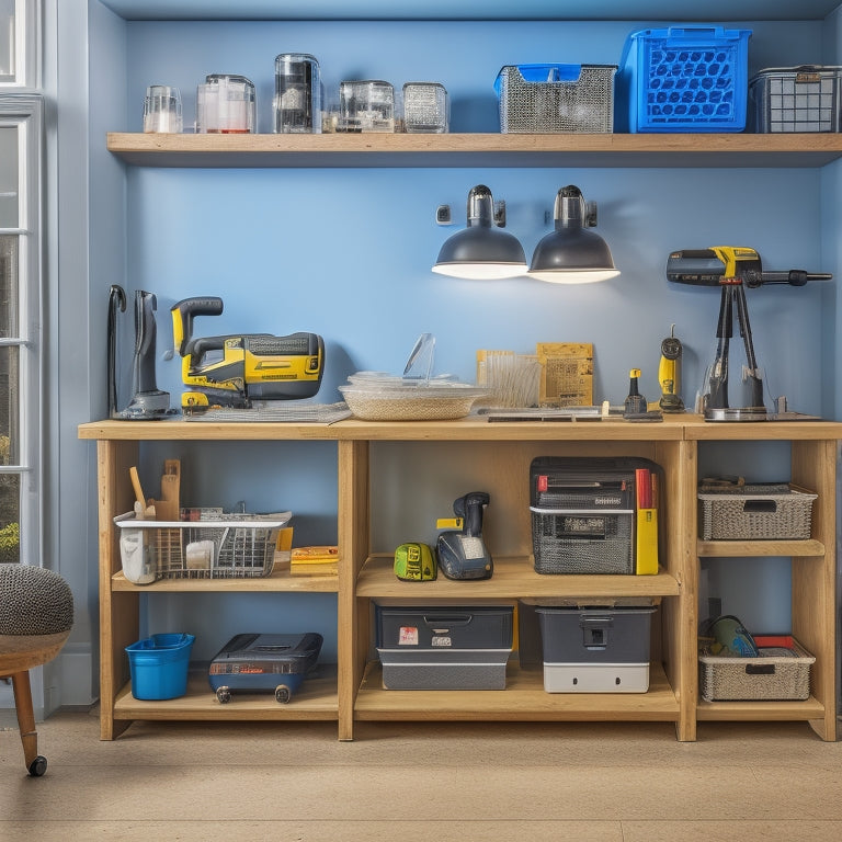 A clutter-free workspace with a small, organized renovation station: a compact toolbox on a wheeled cart, labeled bins on a pegboard, and a tidy cordless drill on a hook.