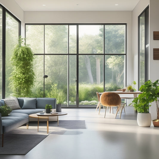 A serene, modern, open-plan living space with large windows, sleek lines, and minimal decor, featuring a modular, moveable wall section with a lush greenery-filled gap, surrounded by natural light.