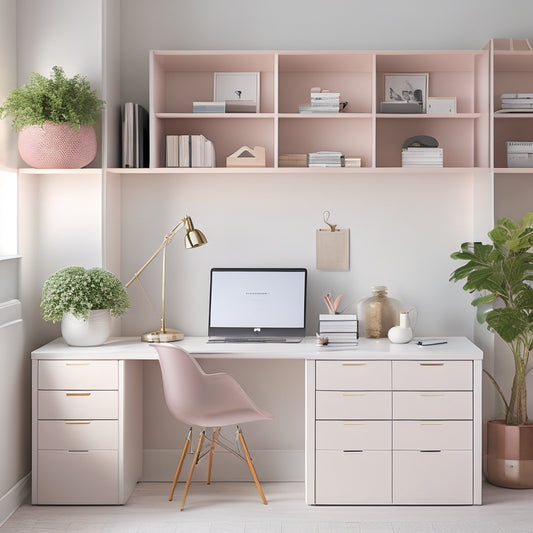A tidy home office with a minimalist desk, a sleek laptop, and a few neatly labeled storage bins, surrounded by a calming background with soft, pastel hues and plenty of natural light.