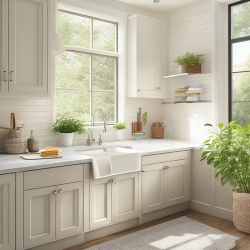 A bright, modern laundry room with creamy white cabinets, stainless steel appliances, and a large, farmhouse-style sink beneath a window with soft, natural light and lush greenery outside.