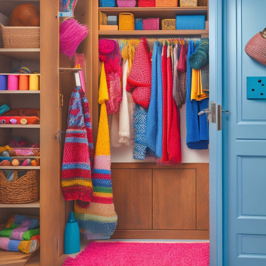 A bright, organized coat closet with a crafting station, featuring a wooden desk, a pegboard with hanging supplies, and a rainbow of threads and yarns spilling from woven baskets.